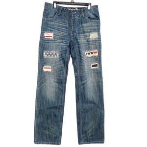 Born Fly Jeans Mens 34 Blue Distressed Americana Patchwork Straight Leg Denim